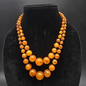 Hong Kong Orange Beaded Layered Necklace Brown Paint Splatter Vintage